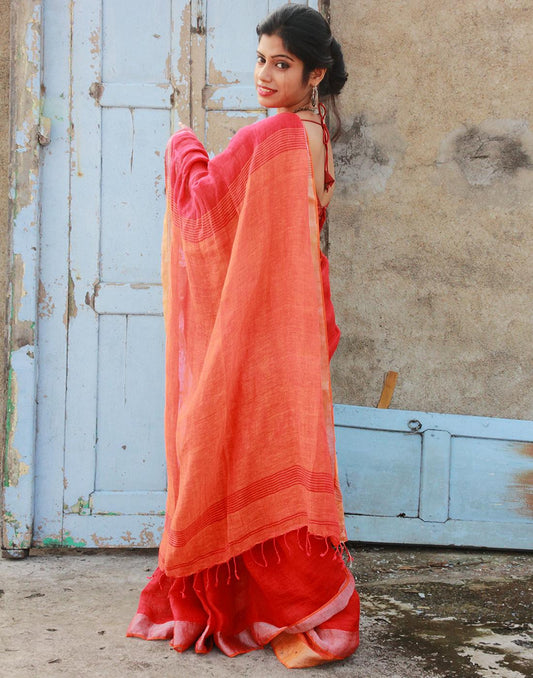 Coral Red Pure Linen Handloom Saree