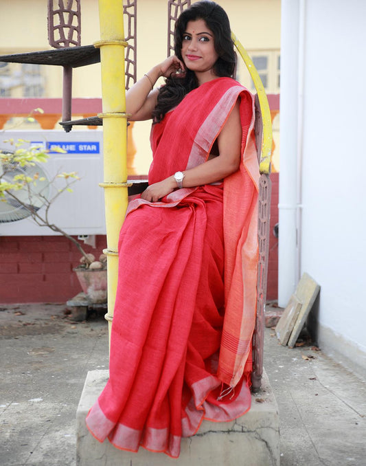 Coral Red Pure Linen Handloom Saree