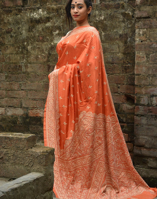 Rust Hand Embroidered Kantha Silk Saree