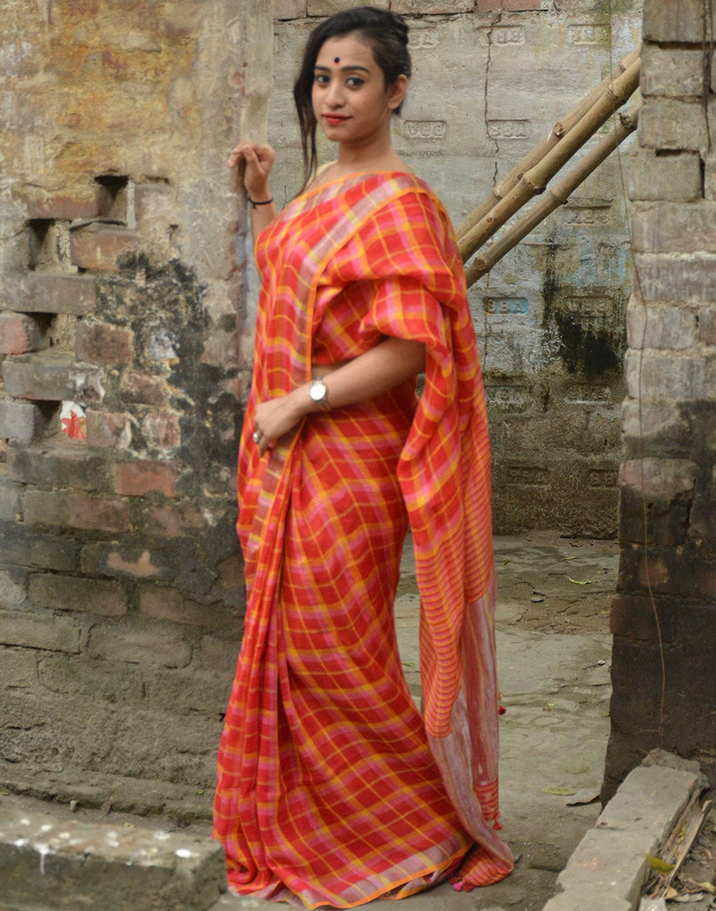 Red Pink And Yellow Checkered Linen Saree