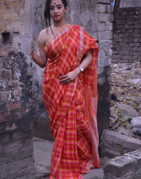 Red Pink And Yellow Checkered Linen Saree