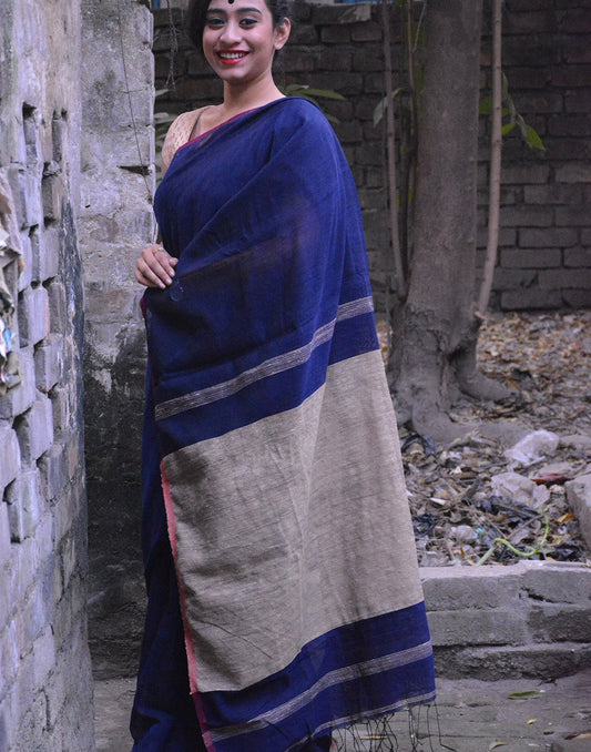 Navy Blue Jute Cotton Saree