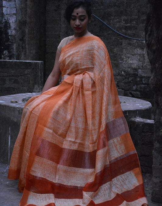 Orange Linen Handloom Saree