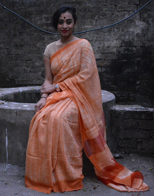 Orange Linen Handloom Saree