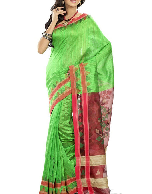 Parrot Green Tussar Silk Saree