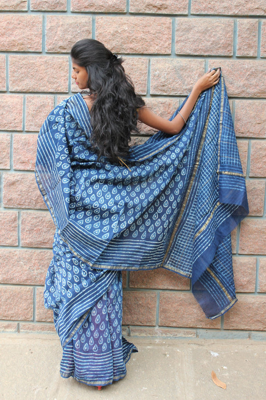 Indigo Handwoven Chanderi Saree