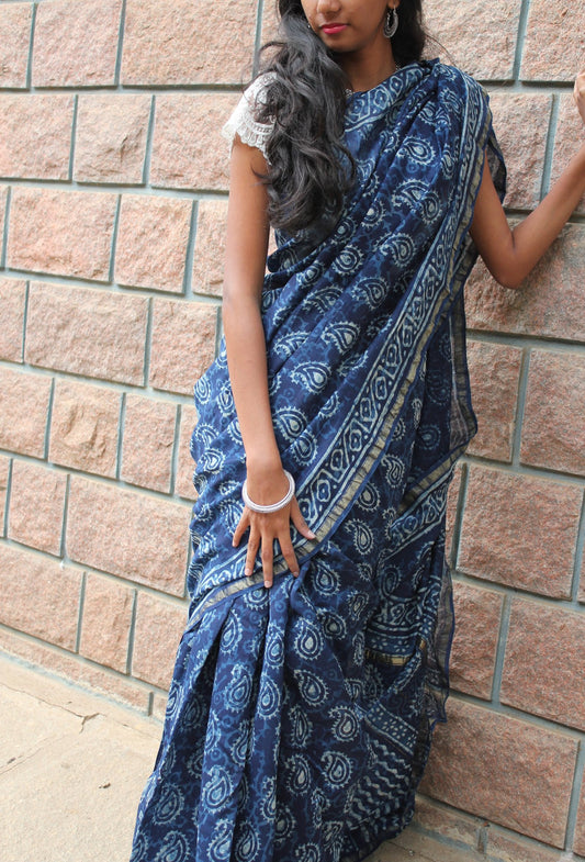 Indigo Handwoven Chanderi Saree