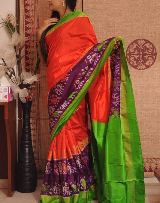 Deep Orange Pure Ikkat Silk Saree