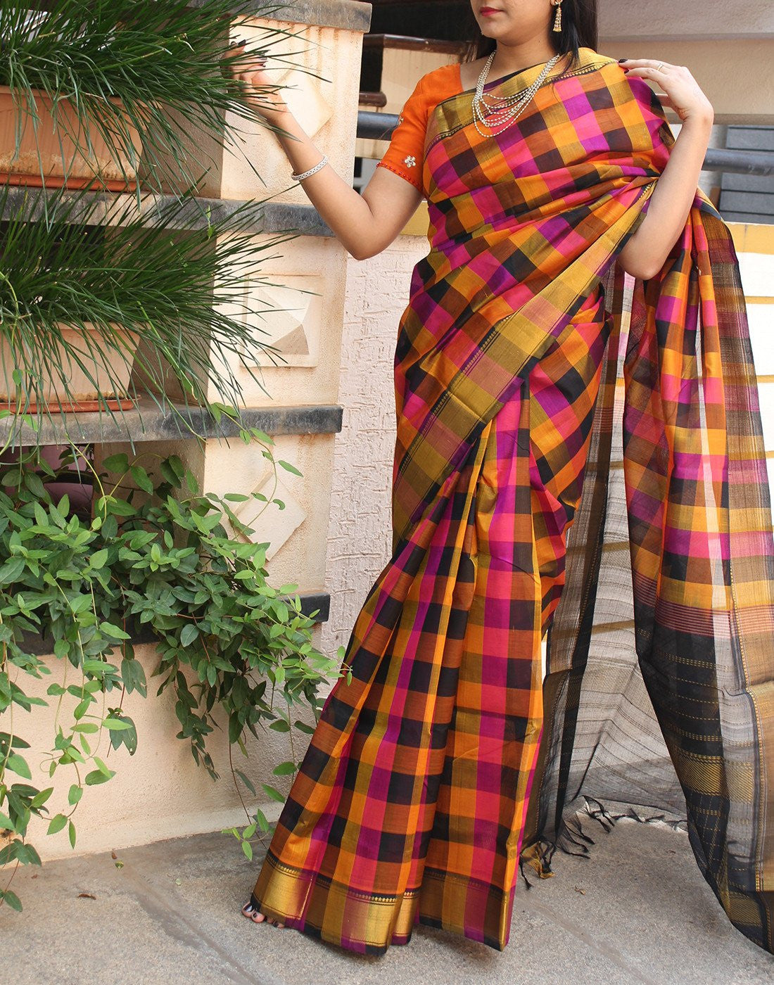 Checked Kanchi Silk Cotton Saree