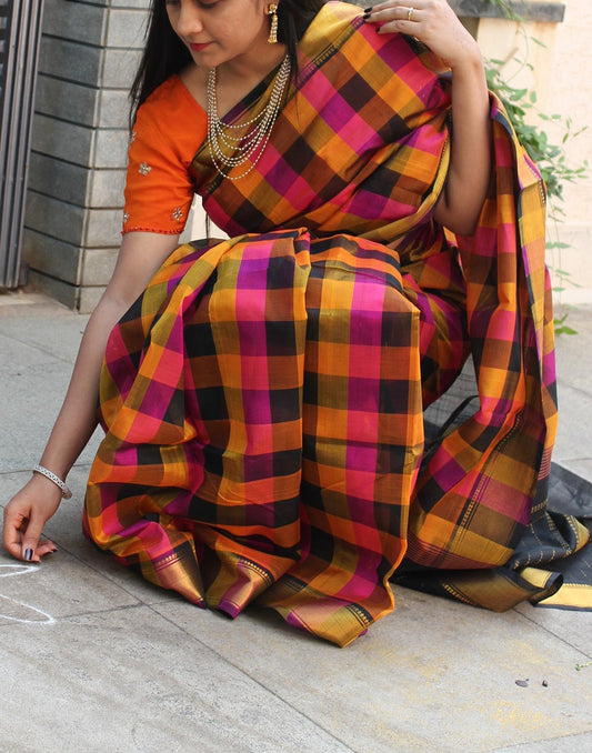 Checked Kanchi Silk Cotton Saree