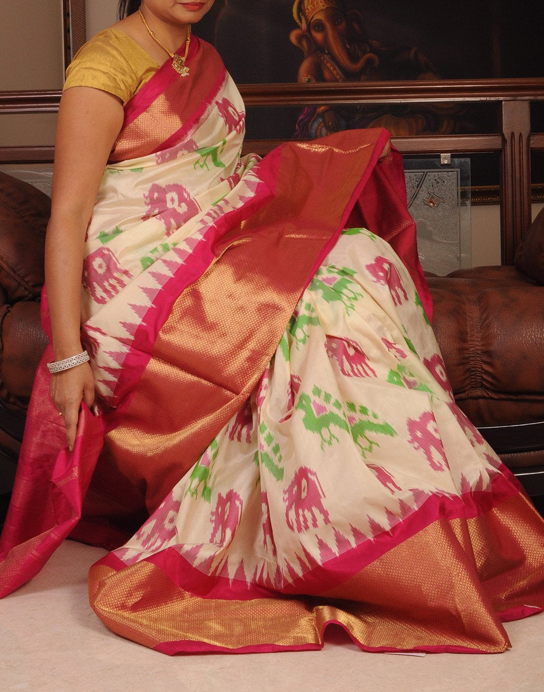 Cream Pure Ikkat Silk Saree