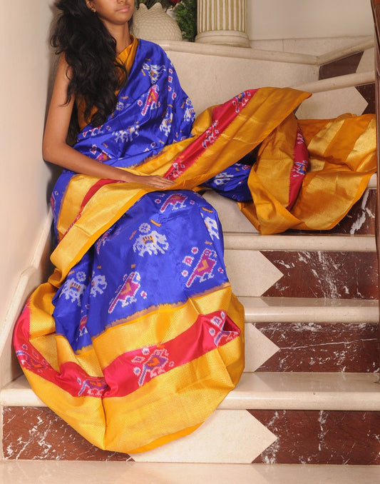 Blue Pure Ikkat Silk Saree