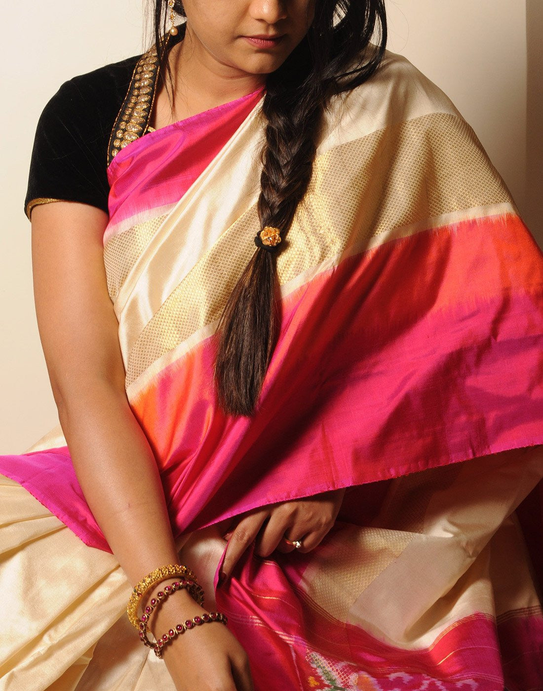 Offwhite Pure Ikkat Silk Saree