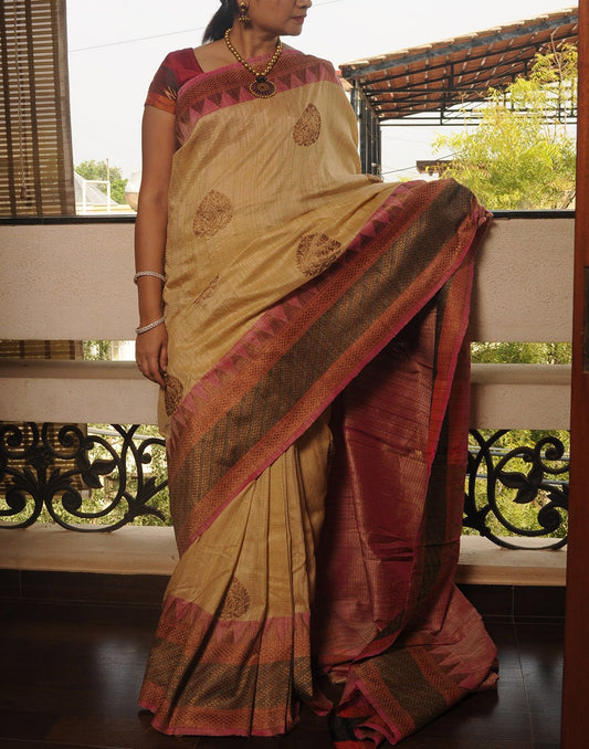 Cream Banaras Dupion Silk Saree