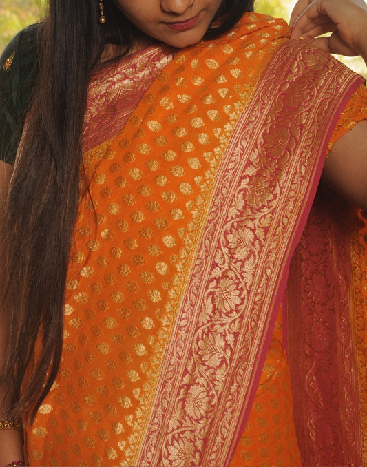 Mustard Banaras Crepe Silk Saree