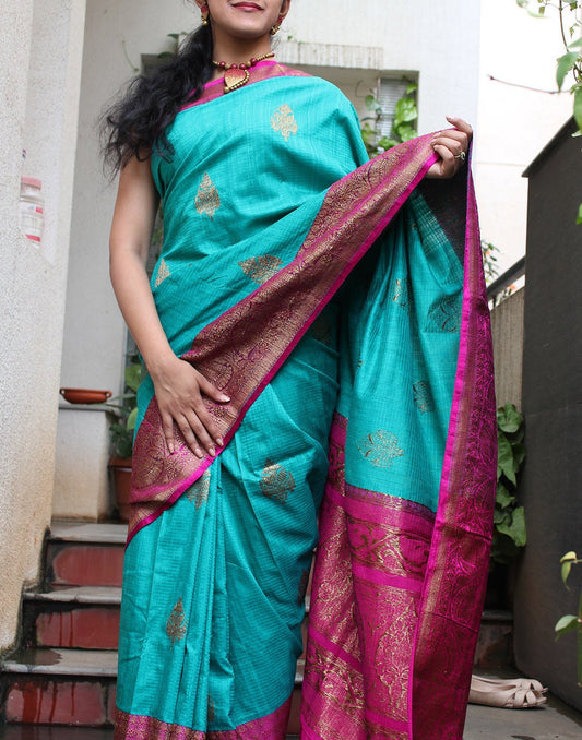 Aqua Green Banaras Dupion Silk Saree