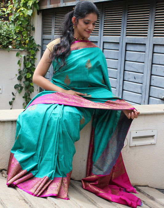 Aqua Green Banaras Dupion Silk Saree