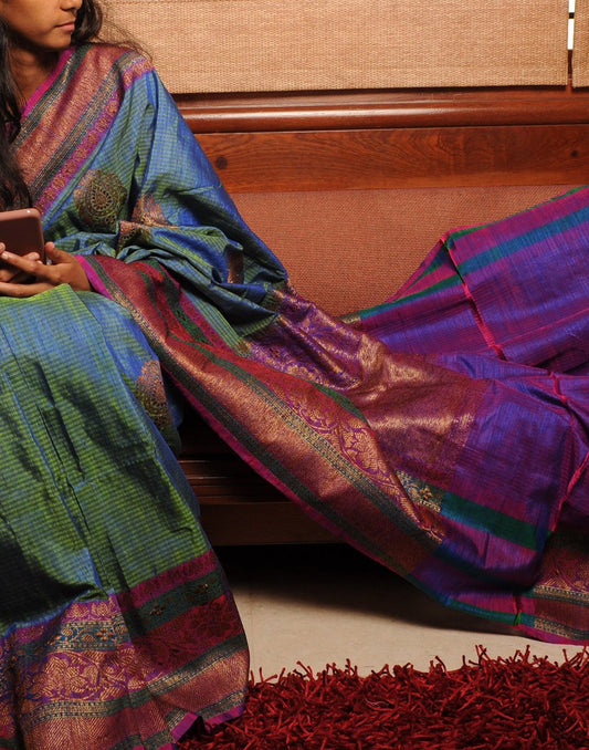 Double Coloured Banaras Dupion Silk Saree