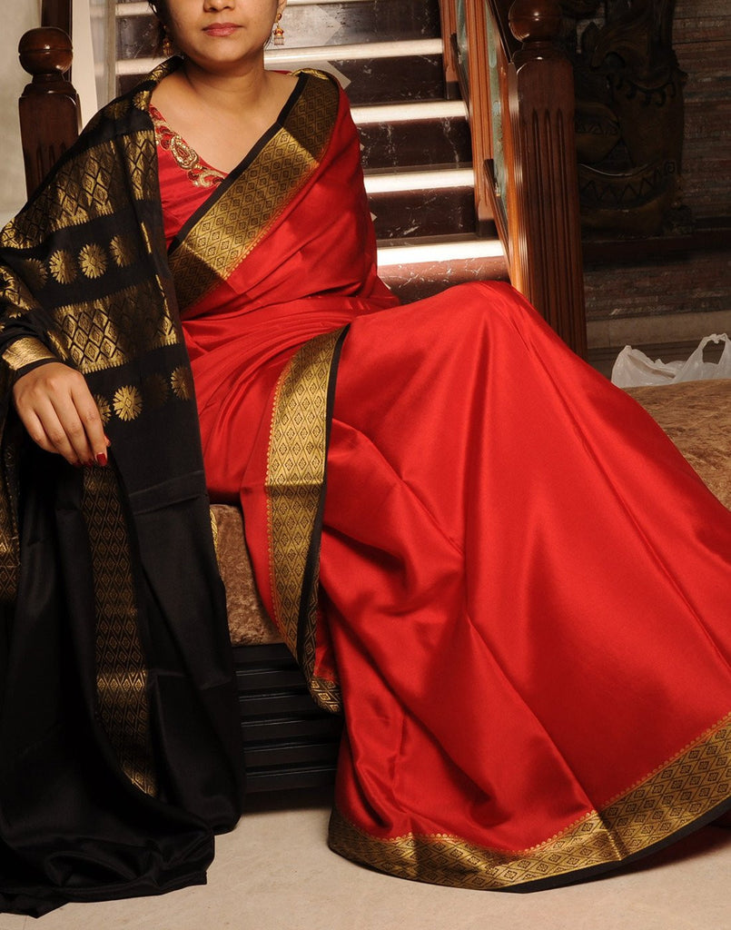 Black twin ksic border pure mysore crepe silk saree – House of Raadhya