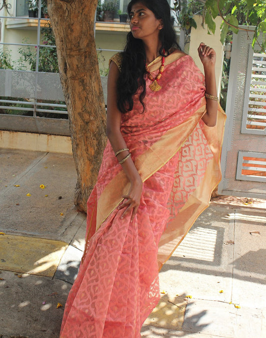 Peach  Banaras Net Saree