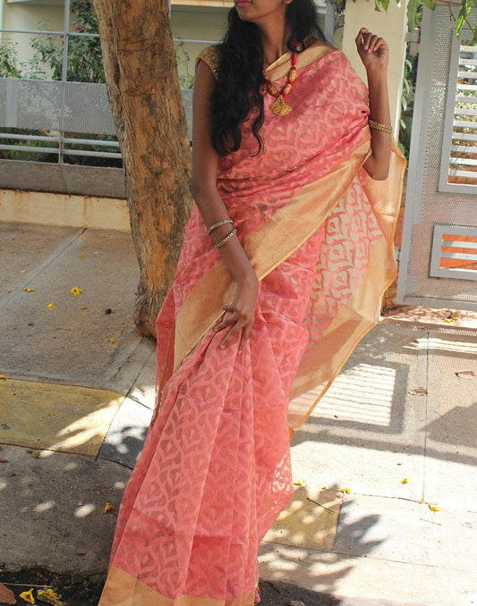 Peach  Banaras Net Saree