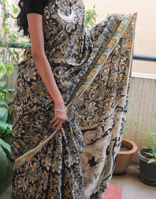 Black Soft Silk Kalamkari Saree