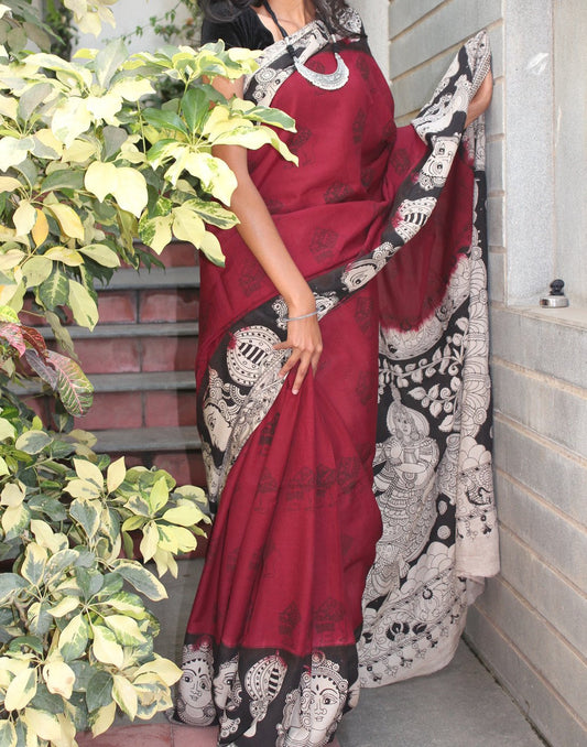 Maroon Soft Silk Kalamkari Saree