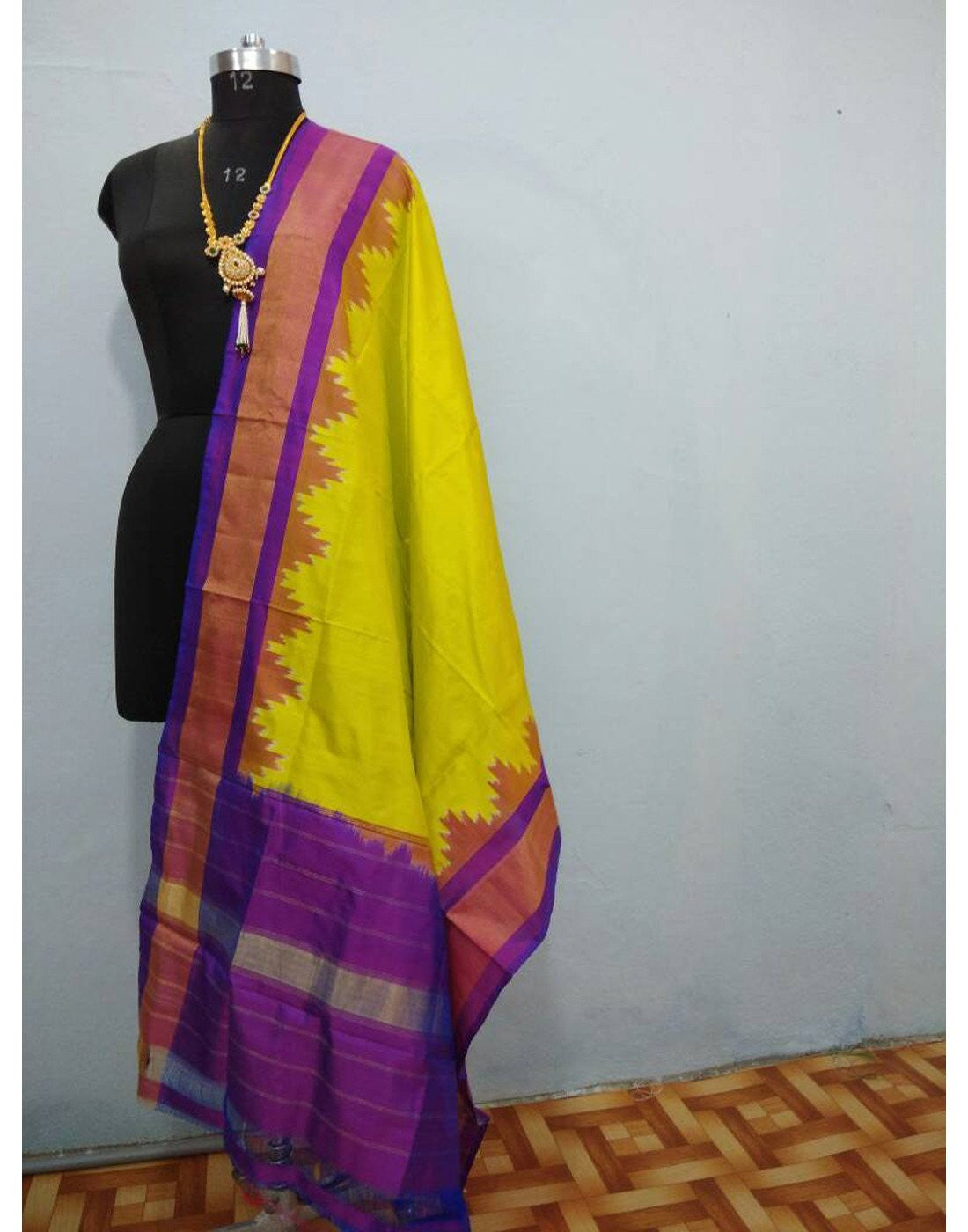 Lemon Yellow with Purple border ikkat Silk Dupatta