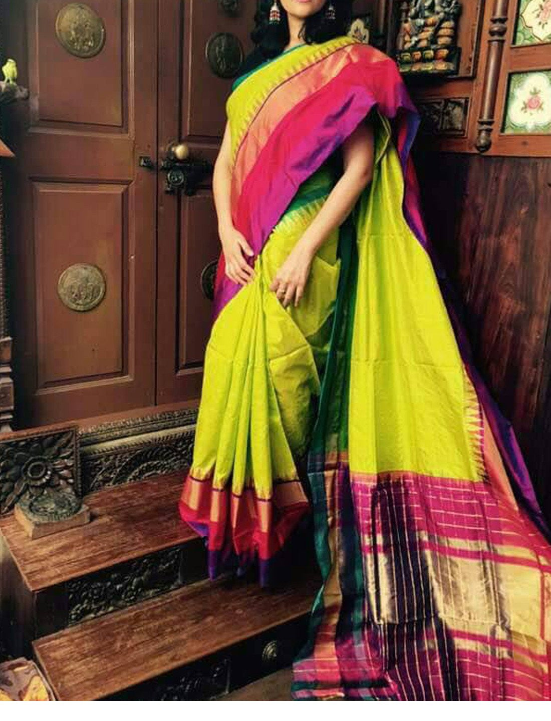 Parrot Green Pure Ikkat Silk Saree