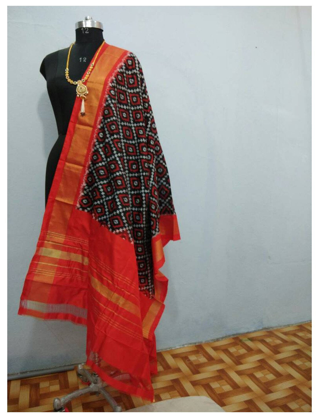 Black with Orange border ikkat Silk Dupatta