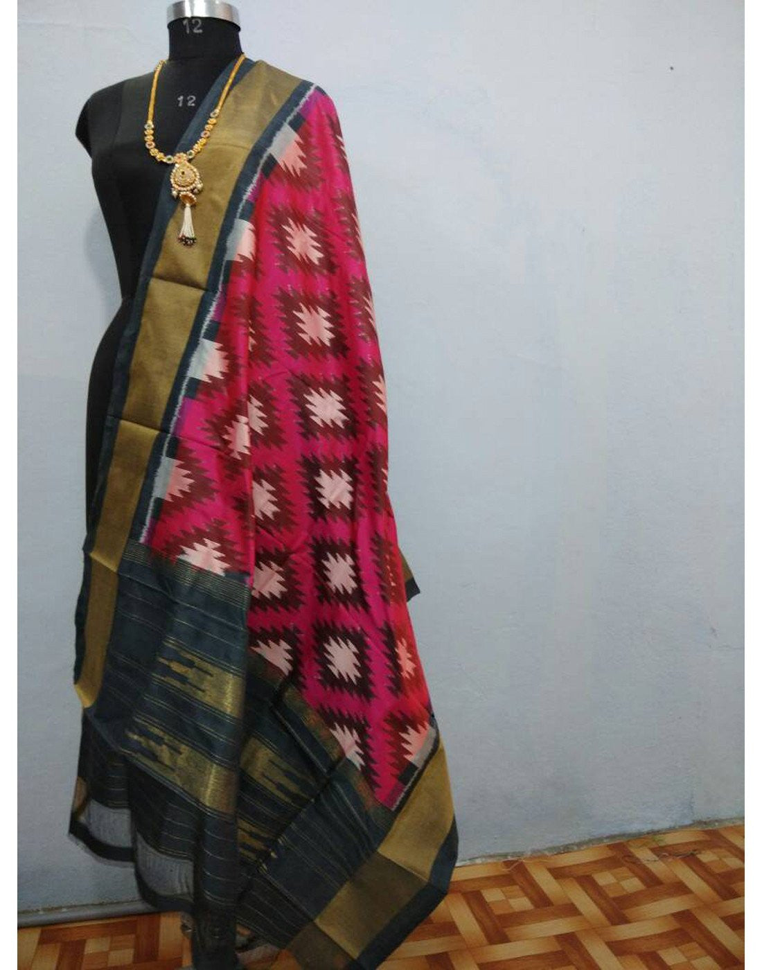 Rich Pink with Black border ikkat Silk Dupatta