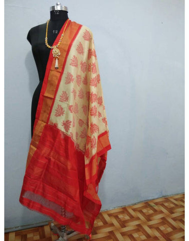 Offwhite with Red border ikkat Silk Dupatta