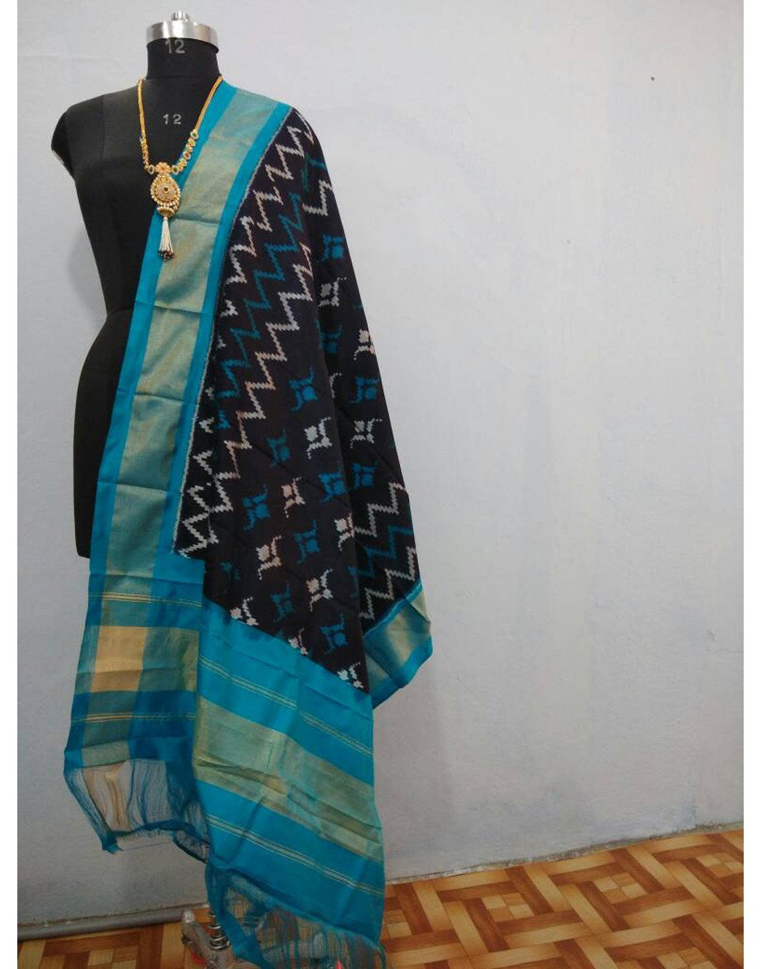 Black with Blue border ikkat Silk Dupatta