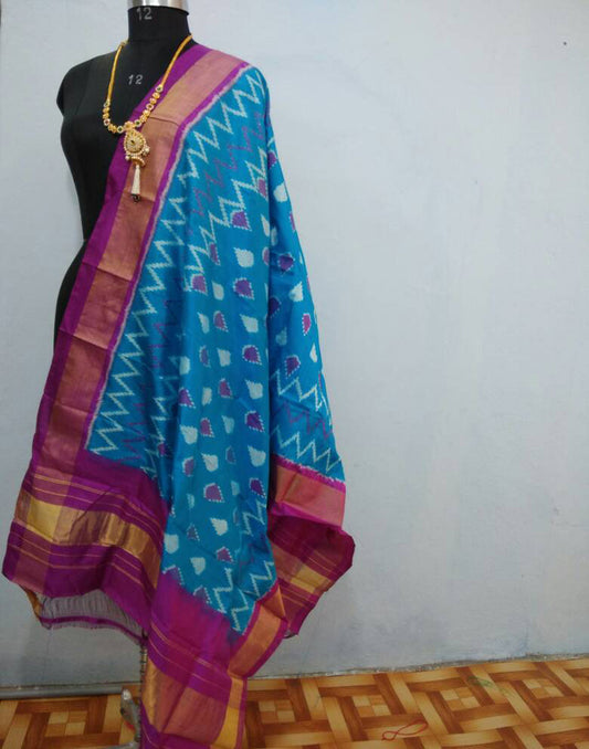 Sky Blue with Purple border ikkat Silk Dupatta