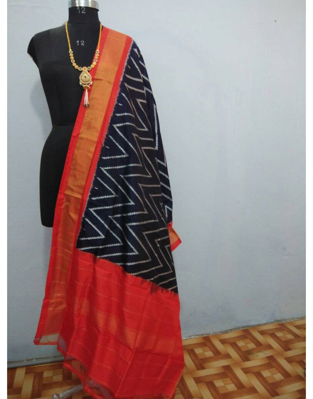 Rich Black with Orange border ikkat Silk Dupatta