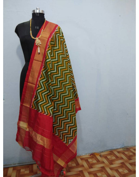 Leaf Green with Red border ikkat Silk Dupatta