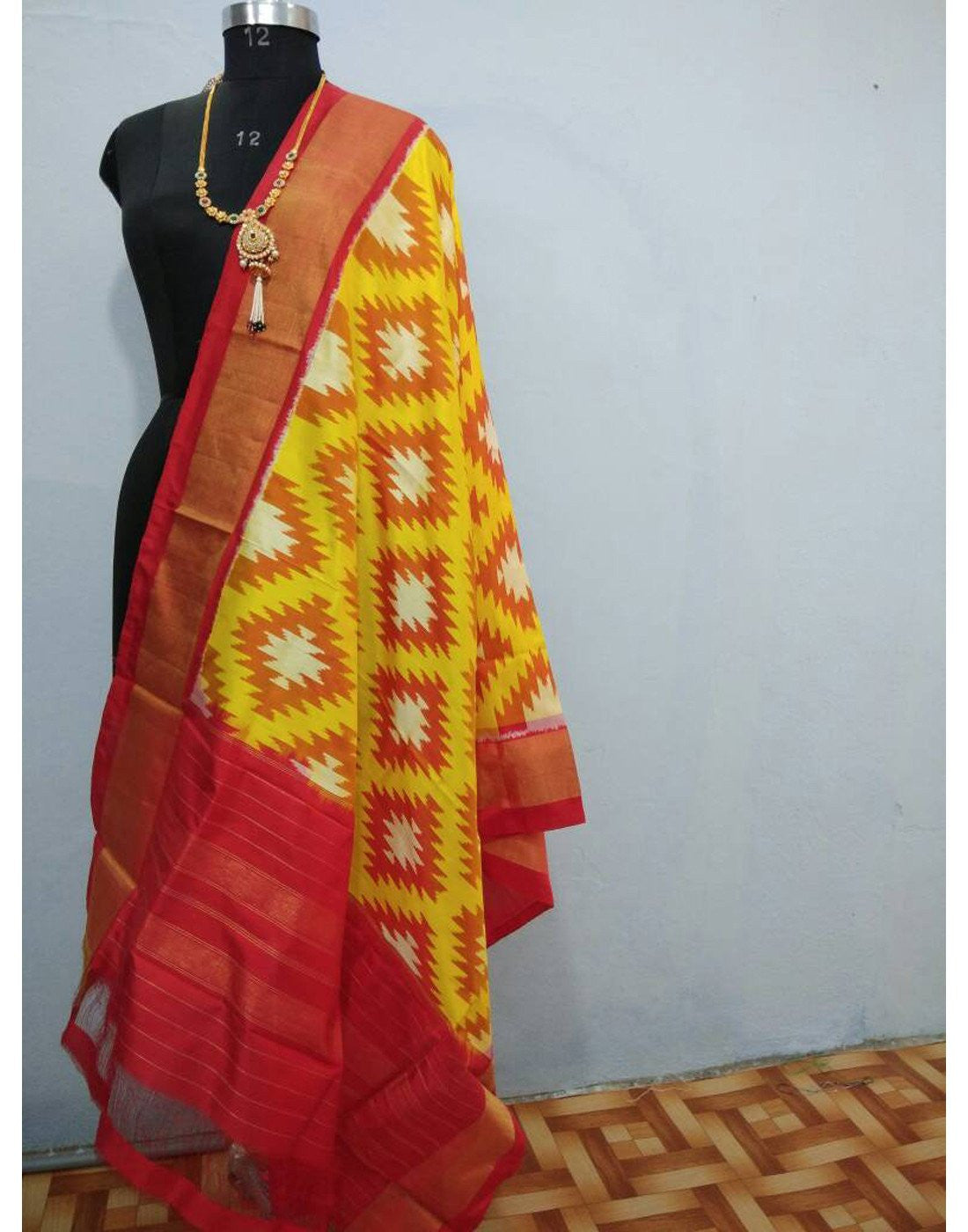 Lemon Yellow with Red border ikkat Silk Dupatta