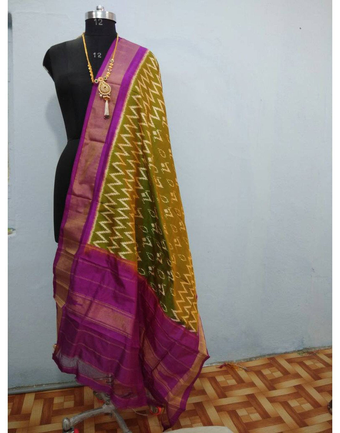 Paachi Green with Purple Border ikkat Silk Dupatta