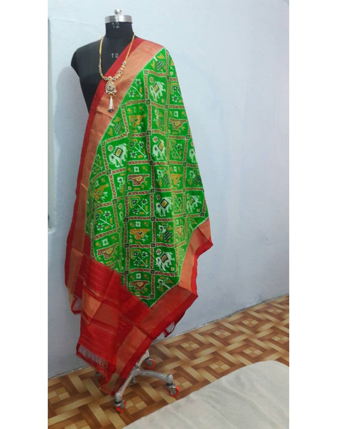 Parrot Green ikkat Silk Dupatta with elephant motifs