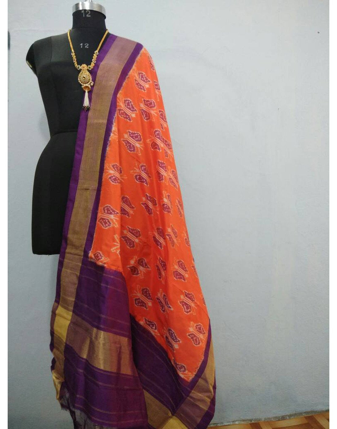 Orange with Purple border ikkat Silk Dupatta