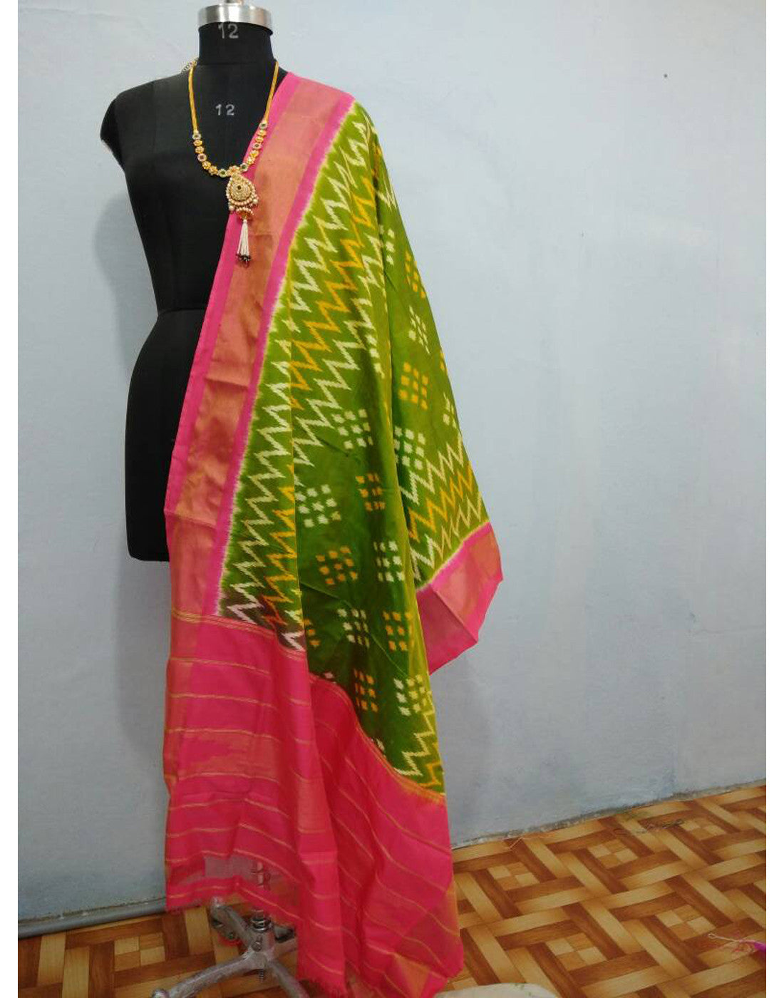 Leaf Green with Pink border ikkat Silk Dupatta