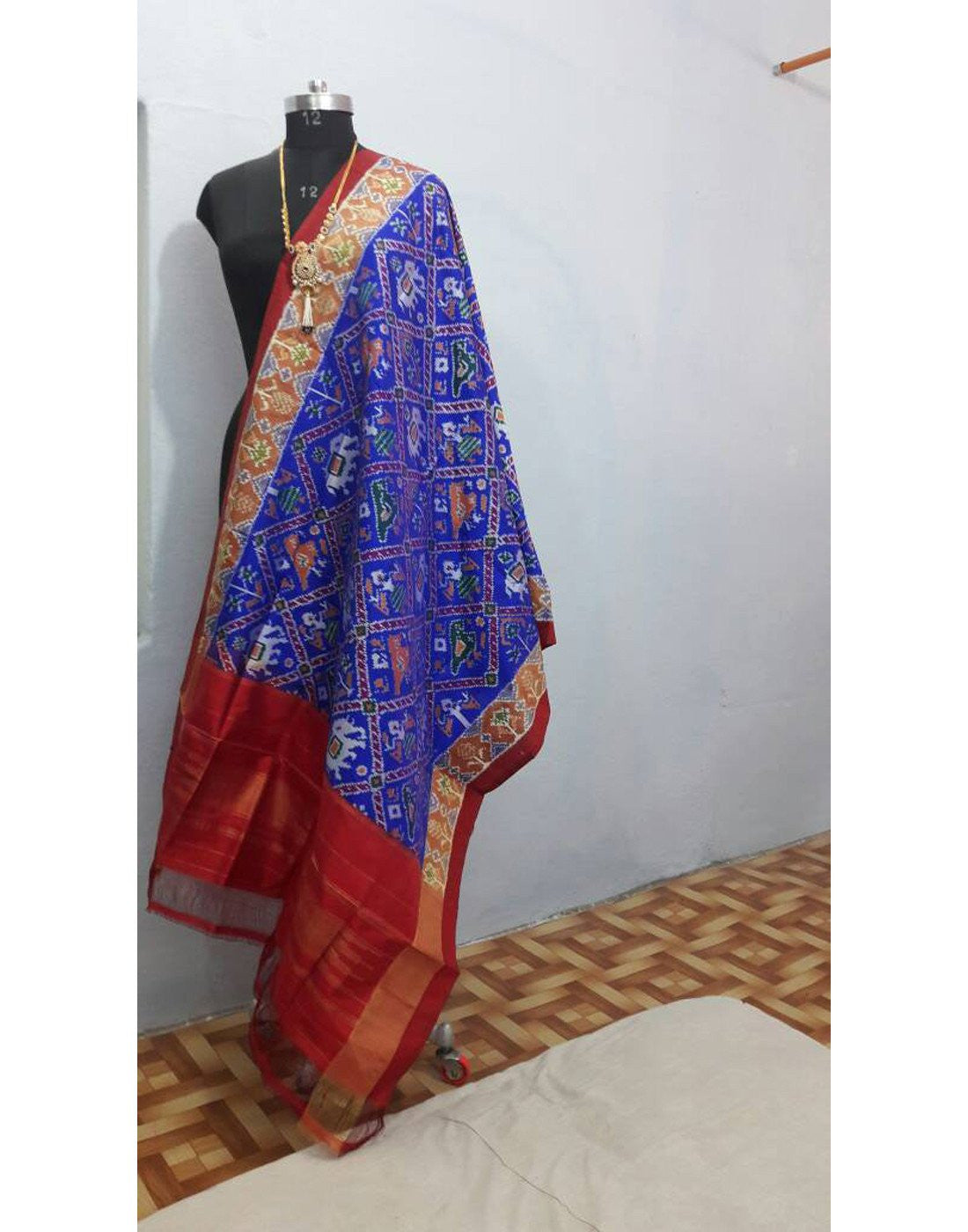 Royal Blue with Red border ikkat Silk Dupatta