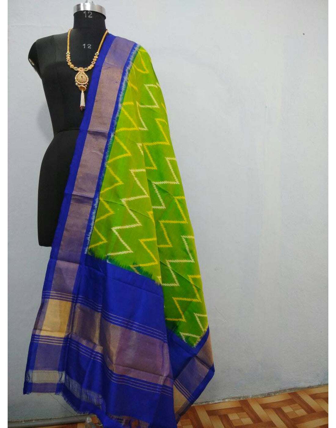 Leaf Green with Blue border ikkat Silk Dupatta