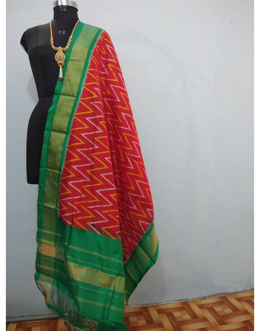 Red with Green border ikkat Silk Dupatta