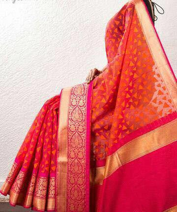 Coral Red Banaras Handloom Saree