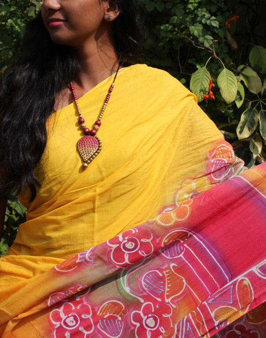 Yellow Handpainted Cotton Saree