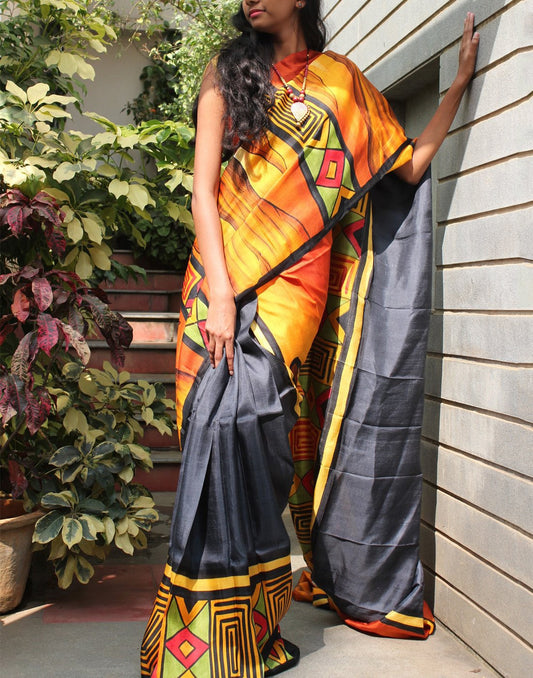 Black Handpainted Bishnupuri Silk Saree 