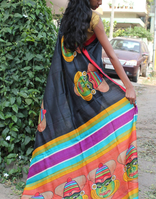 Black Kathakali Handpainted Bishnupuri Silk Saree 