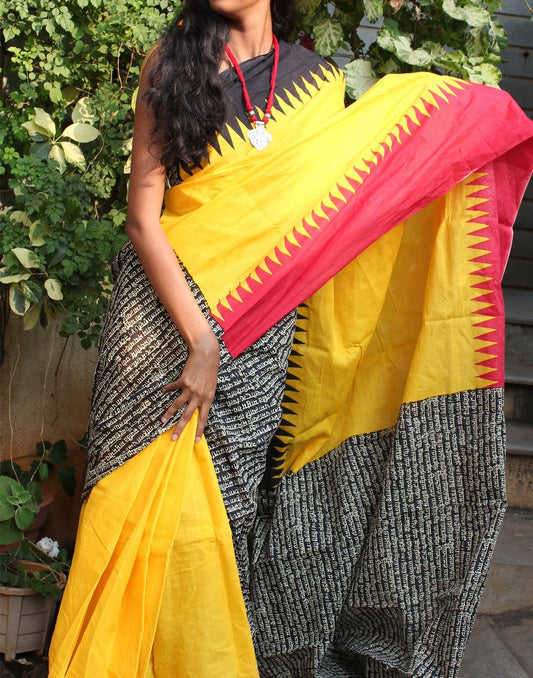 Yellow Handpainted Mulmul Cotton Saree 