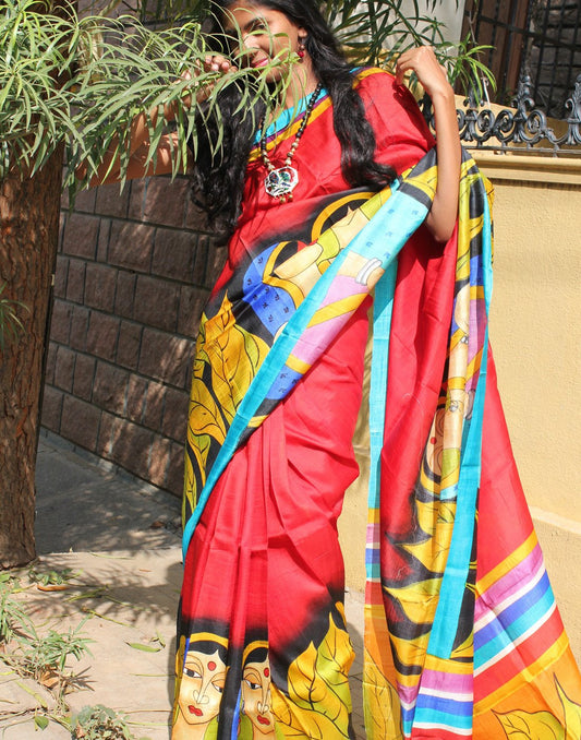 Red Handpainted Bishnupuri Silk Saree 